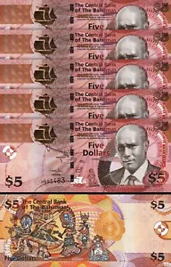 Bahamas 5 Dollars 2013, UNC, 5 Pcs LOT, Consecutive,P-72b,Prntr Thomas De La Rue - Picture 1 of 4