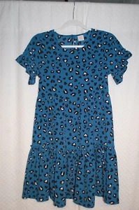 Girls DARK TEAL BLUE S/S LEOPARD PRINT DRESS Ruffled Lower & Sleeves XXL / 18 - Picture 1 of 2
