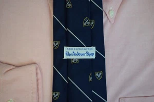 The Andover Shop Navy Silk Club Stripe Tie w/ Tennis Racquet Crest Emblem - Picture 1 of 4