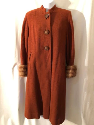 VTG Bergdorf Goodman Rust Wool Red Fox Fur Cuffs Raglan sleeve coat sm/m FAB! - Image 1 of 4