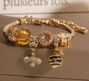 Gold Snake Chain Bracelet With Honey Bee Hive Yellow Crystal Charms Detachable - Picture 1 of 6