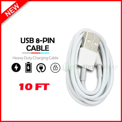 10FT Long USB Cable For iPhone 5 6 7 8 Plus X XS Max XR 11 12 Mini Pro Charger - Image 1 of 4