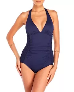 DKNY Donna Karan Marine Johannisbeere Neckholder V-Ausschnitt Einteiler Badeanzug Damen Neu mit Etikett - Bild 1 von 5