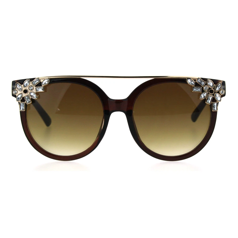 Gafas de sol redondas de diva con cuerno joya de estrás planas para mujer Foto 1 de 1