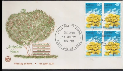 1978 45c Cootamundra Wattle Tree FDC Block of 4 Australia Unaddressed - Image 1 of 2