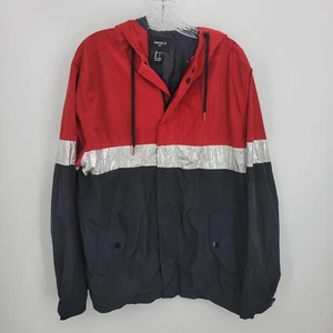 Forever 21 Mens Large Jacket Red Silver Black Zip Up Hood Windbreaker Y2K 90s - Picture 1 of 5