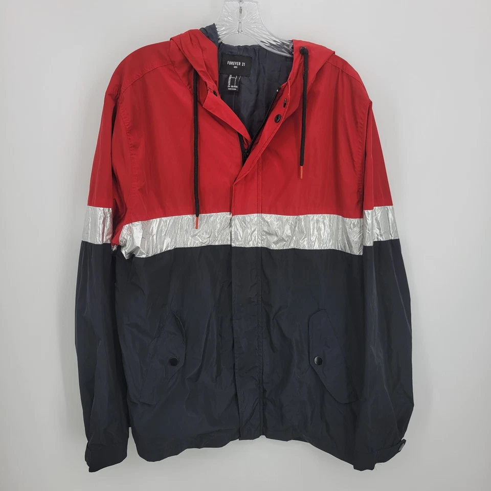 Forever 21 Mens Large Jacket Red Silver Black Zip Up Hood Windbreaker Y2K 90s - Image 1 of 4