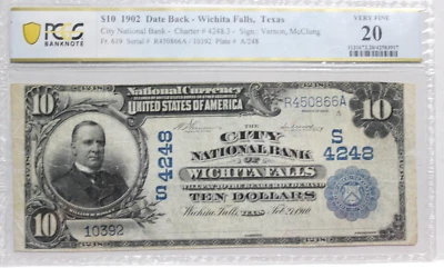 1902 $10 DATE BACK WICHITA FALLS TEXAS, PCGS 20 VERY FINE TRULY RARE NOTE CH4248 - Image 1 of 4