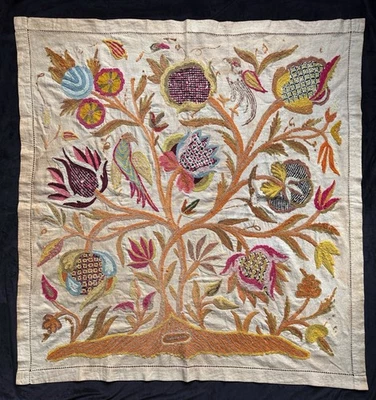 Antique Original Suzani Tree of Life Embroidery Homespun Linen Table Cover - Image 1 of 4