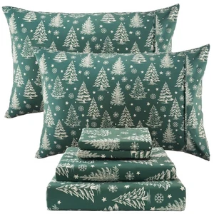 Queen Christmas Holiday Sheets, Green Pine Queen Size Sheet Set with Elastic ... - Picture 1 of 8