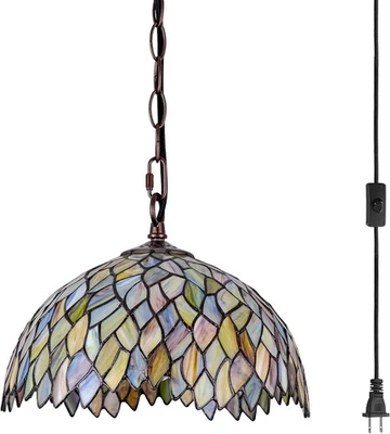 Tiffany Style Stained Glass Pendant Light Plug in, 12" Wide Wisteria Design Hang - Image 1 of 4