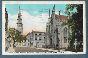 67 Vint 1938 Postcard Church St Charleston SC St Philips & Huguenot Churches - Picture 1 of 1