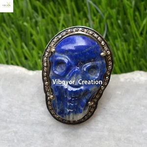 Genuine Pave Diamond Lapis Gemstone Skull Ring 925 Sterling Silver Jewelry Gift - Picture 1 of 6