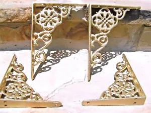 FOUR small Cast Iron Wall Shelf Brackets, Gold colored braces - Picture 1 of 14