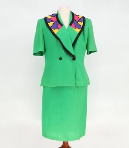 VINTAGE DANNY & NICOLE 2-Pc 100% Linen Short-Sleeve Blazer Skirt Green Size 16 - Picture 1 of 14