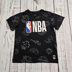 NBA Logo All-Over Print Black Short Sleeve Cotton Blend T-Shirt Youth M - Picture 1 of 10