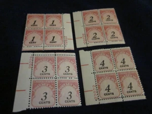US Scott #J-89,90,91,92, 1-4 Cents Postage Due Stamps, Plate Blocks of 4, MNH - Picture 1 of 2