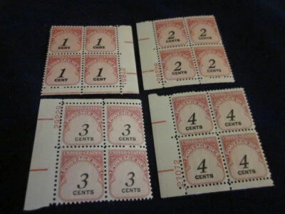  US Scott #J-89,90,91,92, 1-4 Cents Postage Due Stamps,  Plate Blocks of 4, MNH  - Image 1 of 2