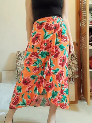 Orange Red Rose Poppy Midi Wrap Skirt 10 Ruffle Frill Floral Maxi Colourful - Image 1 of 4