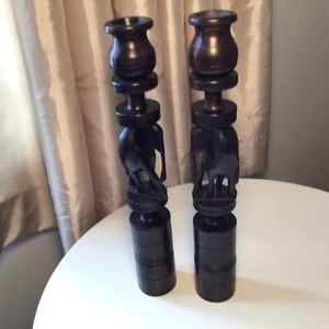Pair of Handcarved Ebony Wood Elephant Candle Holders 12” - Picture 1 of 8