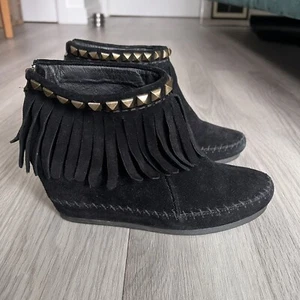 ASH Squaw Suede Fringe Studded Ankle Boots Womens 39EU 6UK Black Suede Moccasins - Picture 1 of 10