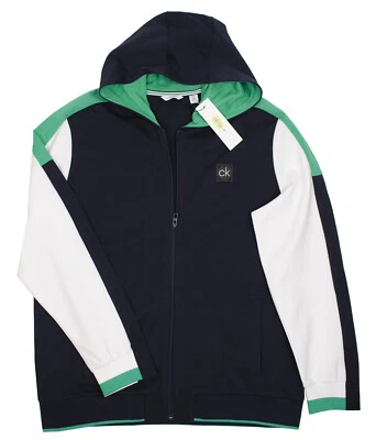 CALVIN KLEIN 男式 L XL SKY 船长 ATHLEISURE 连帽夹克海军蓝绿色白色 — 第 1/2 张图片