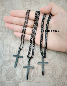 Mens Womens Stainless Steel Black Figaro Chain Necklace w Cross Pendant Jewelry - Picture 1 of 6