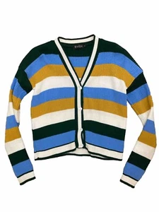 Mehrfarbig gestreifte Damen-Strickjacke mit V-Ausschnitt kurz geschnitten groß geknöpft - Bild 1 von 9