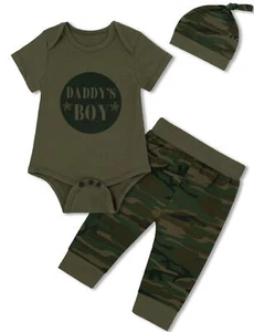 Daddy's Baby Boys' 3PCS Outfit Set Romper Camouflage Pants with Hat 3-6 Months - Picture 1 of 6