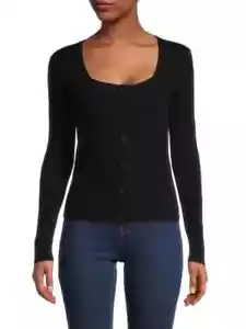 $ 365 Neu mit Etikett Vince Wolle & Kaschmir gerippter schwarzer Cardigan mit eckigem Ausschnitt Größe L - Bild 1 von 10