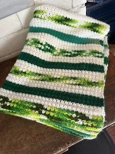 Vtg Green Afghan Crochet Knit Throw Blanket 32x76 Handmade White Granny Chic - Picture 1 of 12