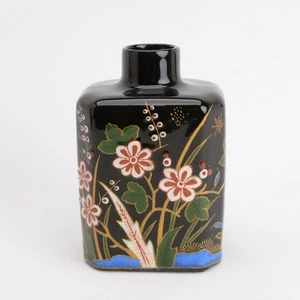 c1920s Boch Freres Black Ceramic Tea Caddy or Vase with Colorful Florals - Picture 1 of 9