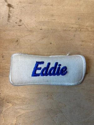 Vtg 70s EDDIE Sew On Embroidered Clothing Jacket Uniform Name Patch BLUE & WHITE - Image 1 of 3