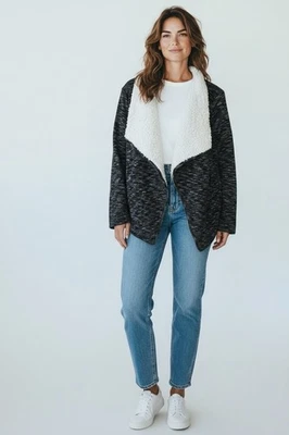 Chaqueta grande para mujer Green Tea Sherpa forrada frente abierto bolsillos tejidos negros nueva sin etiquetas Foto 1 de 4