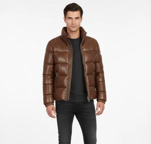 Men’s Handmade Lambskin Leather Puffer Jacket | Quilted Winter Coat | Fashion - Picture 1 of 6