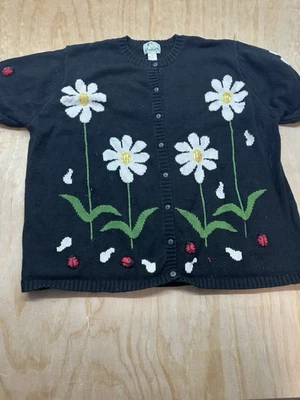 Women's 3D Knit Quaker Factory Black Lady Bug Daisy Grandma Sweater Plus Size 3X - Image 1 of 4