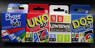 Tarjeta tamaño bolsillo Mattel "¡UNO GO! Phase 10 GO! DOS GO! LOWDOWN GO! "You Pick" Nuevo Foto 1 de 4