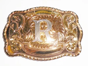FIBBIA CINTURA WESTERN GRANDE VINTAGE ORO SOVRAPPOSIZIONE LETTERA "R" DESIGN - Foto 1 di 5