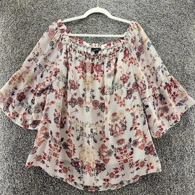 Alyx 2x white floral scoop neck 3/4 ruffled sleeve blouse - Image 1 of 4