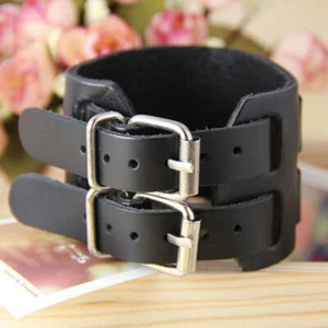 Wide Double Strap Genuine Leather Wrap Wristband Bracelet With Buckle Fastening - Picture 1 of 7