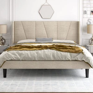 King Size Platform Bed Frame with Geometric Wingback Headboard, Beige - Picture 1 of 7