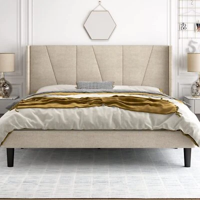 King Size Platform Bed Frame with Geometric Wingback Headboard, Beige - Image 1 of 4