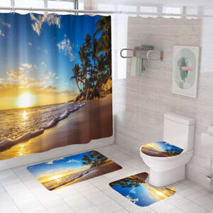 Seaside Shower Curtain Set Bathroom Rug Non-Slip Bath Mat Toilet Lid Cover