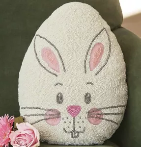 Easter Egg Shaped Beaded Sequin Decorative Pillow Bunny 12”x16” white pink - Picture 1 of 10