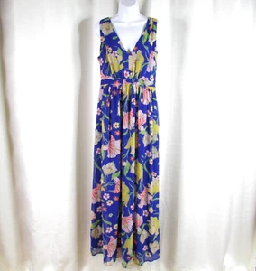 Modcloth Sapphire Blue Floral Maxi Dress Size L Sleeveless V-Neck Chiffon Lined - Picture 1 of 8