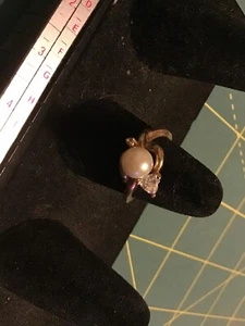 Heart Diamond W PEARL VINTAGE STULLER 14K GOLD RING Sz 6 - Picture 1 of 10