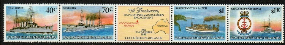 Islas Cocos (Keeling) - 1989 HMAS Sydney - SMS Emden - Tira de 5 MNH Foto 1 de 1