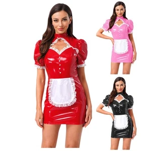 Women's French Maid Shiny Latex Lace Maid Dress Cosplay Party Nightclub Outfits - Picture 1 of 44