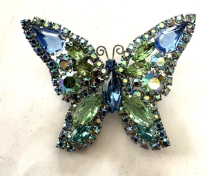 Vintage WEISS BLUE & GREEN BUTTERFLY Rhinestone Brooch Pin - Picture 1 of 2