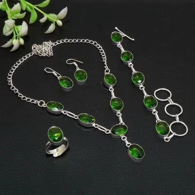 Hermoso conjunto de joyas hecho a mano con piedras preciosas ovaladas de plata de ley 925 de peridoto AAB 708 Foto 1 de 4
